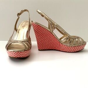 New Lilly Pulitzer Sophie Gold Leather Raffia Wedge Platform Sandals 6 Chevron